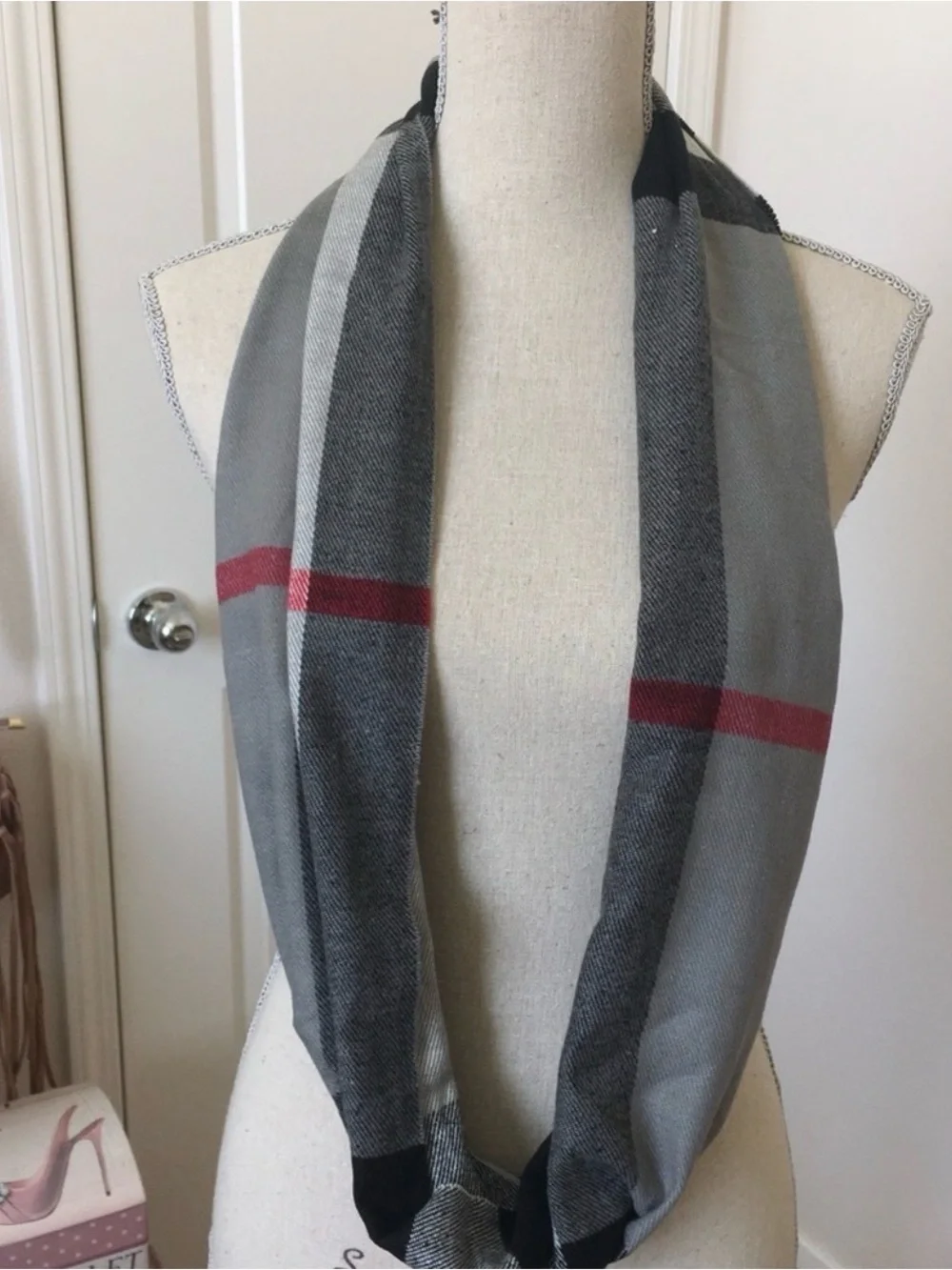 Gray and Red Plaid Infinity Scarf for Men